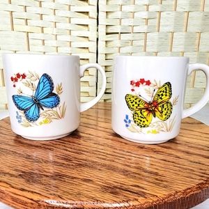 Vintage Set Of 2 Butterfly Coffee Mugs Tea Cups